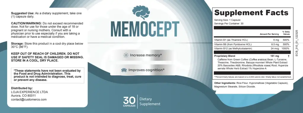 Memocept ingredients label